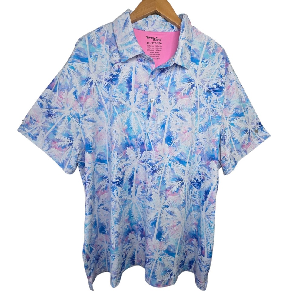 Birdie Bound Mens Blue Palm Tree Print Golf Polo Shirt Size 3XL Stretch